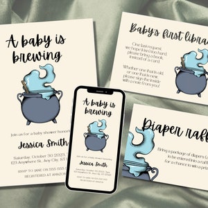 Pink Baby Is Brewing Baby Shower Halloween Invite Bundle Halloween Shower Invitation Gothic Baby Shower Invitation Ghost Baby Shower