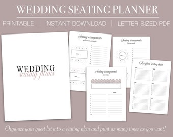 May include: Printable wedding seating planner in letter-sized PDF format. The planner includes templates for rectangular, round, and head tables, as well as a reception seating chart.