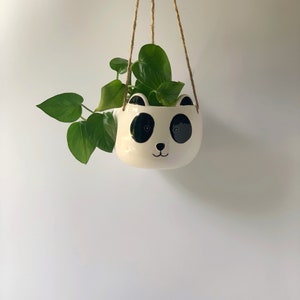 May include: A white ceramic hanging planter shaped like a panda face with black eyes and a black nose. The planter is filled with a green plant and is hanging from a brown rope.