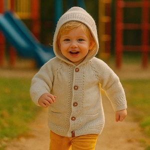 Hand Knit Cream Hooded Baby Cardigan Cream Hoodie 18-24 Months Baby Sweater Cardigan
