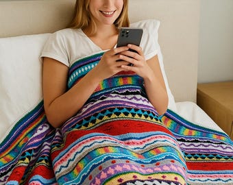 Hand Knit Colorful Blanket | Chunky Crochet Acrylic Cotton Wool Throw