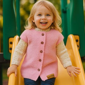 Hand Knit Pink Baby Sweater Vest Pink Sleeveless Baby Cardigan For Baby Girl