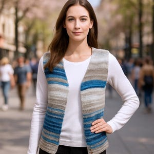 Hand Knit Women's Cardigan - Batik Blue & Vest Petrol Blue Cream Sleeveless Cardigan For Women