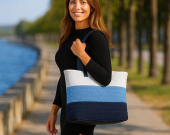 Navy Crochet Bag, Blue Crochet Shoulder Bag, White Hand Knit Women Bag, Crochet Shoulder Bag With Leather Accessories, Mother&#39;s Day Gift