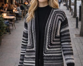 Hand Knit Hexagon Cardigan, Boho Granny Acrylic Sweater, Cozy Geometric Knit Jacket