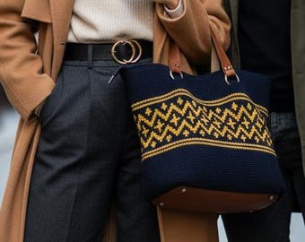 Wayuu Crochet Shoulder Bag | Navy Yellow Boho Handbag with Vegan Leather