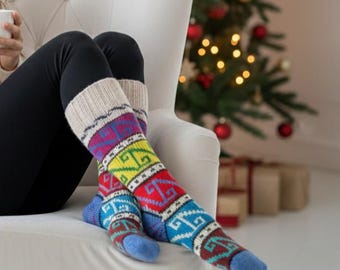 Hand Knit Wool Blend Socks, Chunky Boho Ethnic Winter Boot Socks