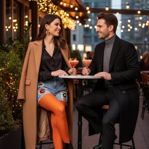 Op de afbeelding: Een stel zit buiten aan een tafeltje, elk met een cocktail. De vrouw draagt een beige jas over een zwarte top en een spijkerbroek met een oranje panty. De man draagt een zwarte jas en een grijze coltrui. Slingers met lichtjes hangen boven.