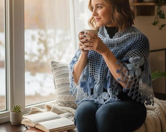 Hand Knitted Floral Shawl | Blue Green Crochet Wrap, Mohair Blend