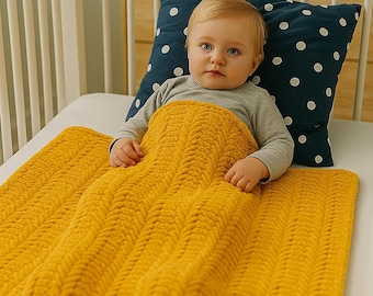 Hand Knit Mustard Velvet Baby Blanket: Chunky Soft Newborn Gift