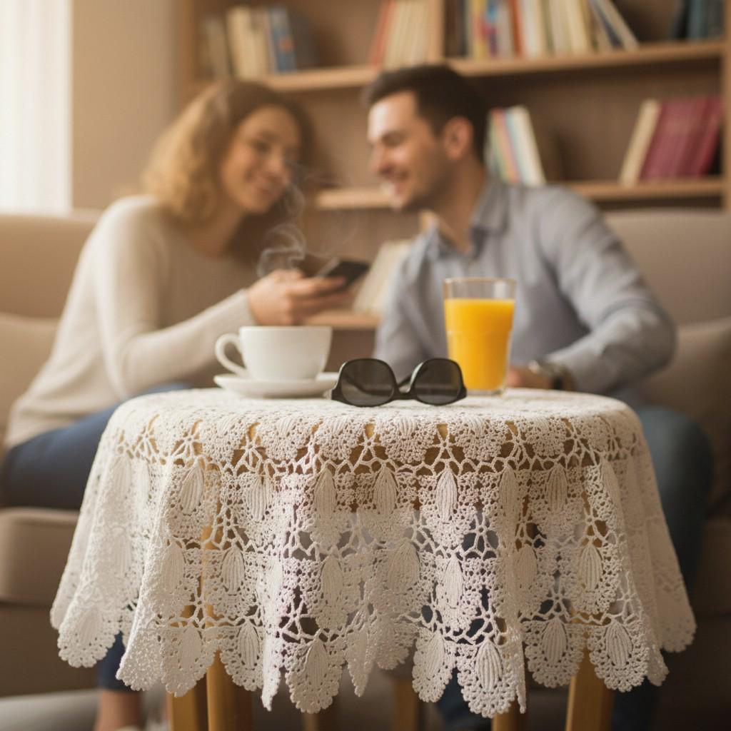 手編みかぎ針レーステーブルクロス - ヴィンテージコットンラウンド