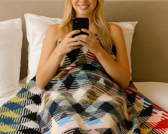 Handmade Colorful Plaid Knit Blanket | Chunky Tartan Crochet Throw