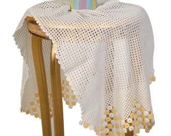 Hand Knit Crochet Vintage White Yellow Cotton Lace Tablecloth Runner