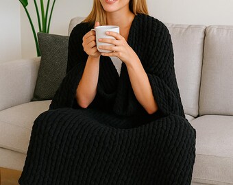 Hand Knit Black Chenille Throw | Chunky Cozy Blanket