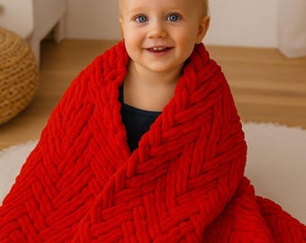 Red Knitted Baby Blanket, Chunky Knit Throw, Alize Puffy Super Soft Baby Blanket