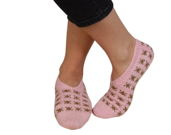 Hand Knit Pink Home Shoes Knitted Winter House Slippers Socks