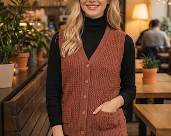 Brown Hand Knit Sweater Vest, Button Front Wool Acrylic Women's Vest with Pockets