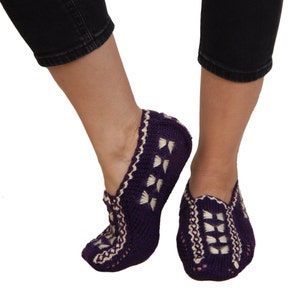 Hand Knit Purple Turkish Home Shoes Brown Winter Slippers Gift For Women - Hand knitted footwear