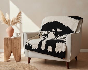 Handmade Black and Cream Elephant Knit Blanket | Chunky Chenille Throw