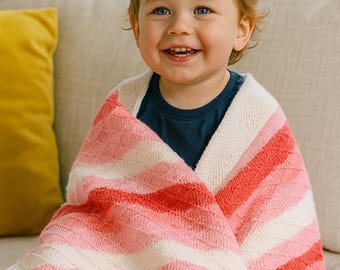 Baby and Kids Blanket Hand Knit Pink and White With Cotton Fabric Backing