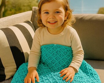 Turquoise Hand Knit Baby Blanket, Chunky Soft Finger Knit Baby Throw