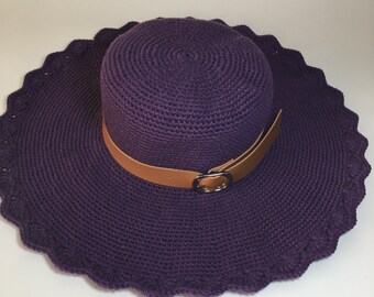 Purple Crochet Summer Hat, Lilac Sun Hat, Knitted Summer Hat, Handmade Sun Hat, Crochet Sun Hat With Leather Accessories
