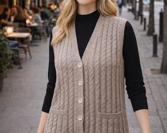 Hand Knit Brown Women Sweater Vest, Cozy Acrylic Knitwear, Button Front Layering Vest