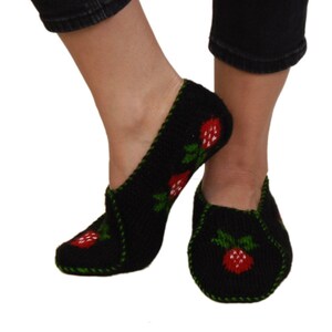Hand Knit Vintage Turkish Socks Knitted Black Home Shoes Slippers