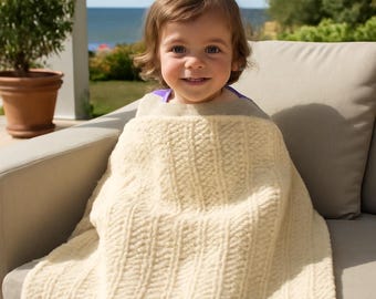 Hand Knit Velvet Baby Blanket: Cream Chunky Soft Throw