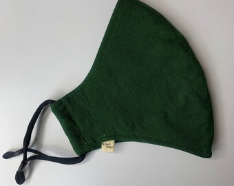 Bottle Green Face Mask with Adjustable Cords - 100% Cotton, Double Layered, Fitted, Breathable & Handmade in Scotland, UK