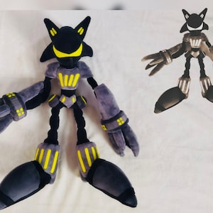 May include: Two plush toys of a robot character. The larger one is mainly black and grey with yellow accents, including on the chest and feet. The smaller one has a similar design, but in a darker colour palette.