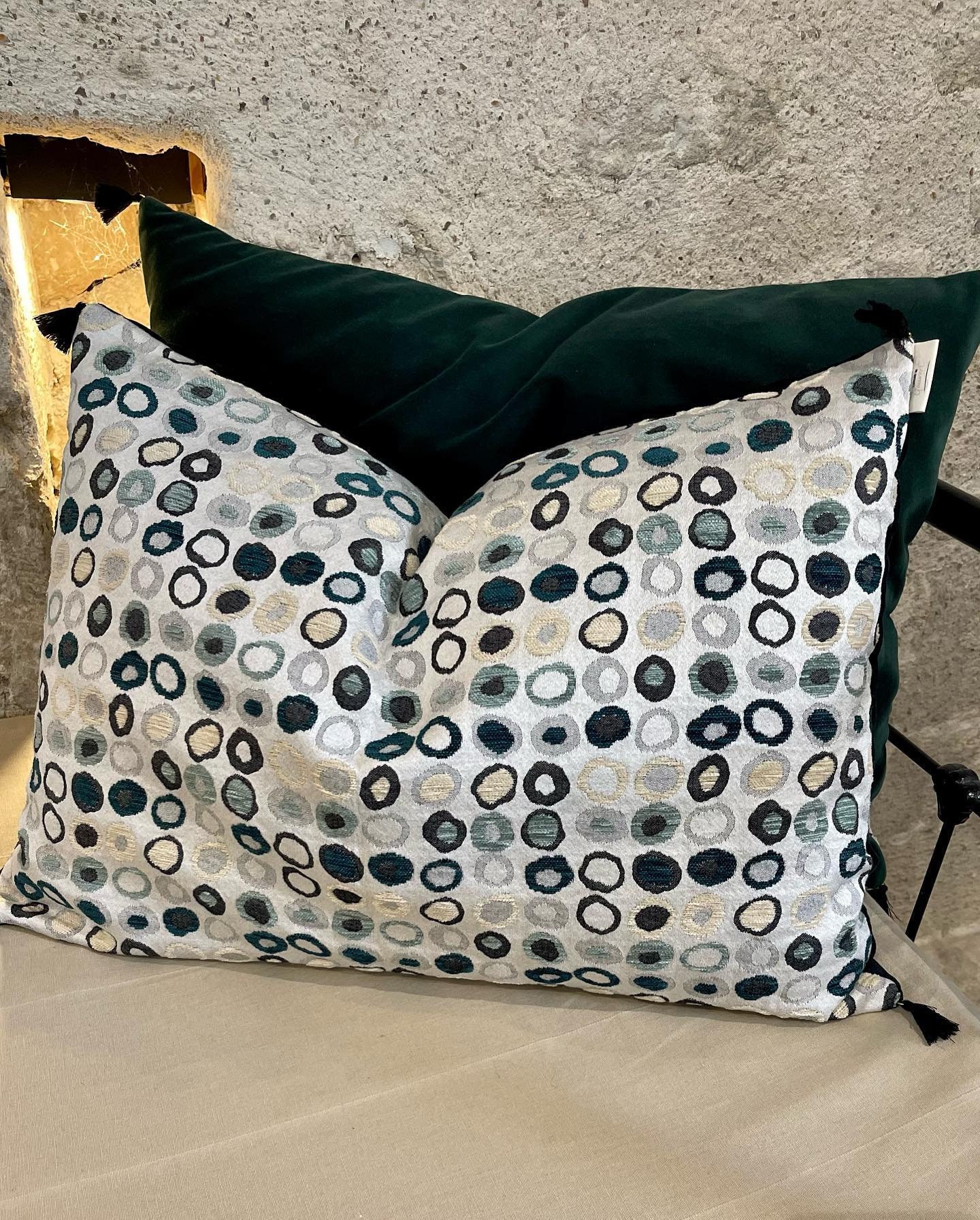 Coussins, Fait Main, Velours, Vert, Noir, Confectionné, Pieces Uniques, Jacquard, Multicolores, Élég