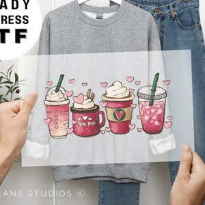 Valentine Lattes, Day DTF Transfers, Ready to Press, T-shirt Transfers, Heat Transfer, Valentine’s Day Direct to Film, Pink Latte