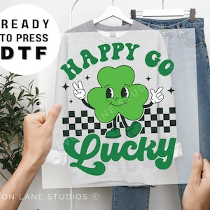 Happy Go Lucky DTF, St. Patrick's Day Tshirt Transfer, Clover DTF, Shamrock DTF, St. Patrick's Day Transfer, Retro St Patricks dtf