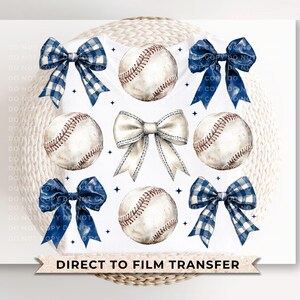 May include: A digital design featuring four baseballs with white stitching and a brown leather texture. The baseballs are surrounded by four blue and white gingham bows. The text "DIRECT TO FILM TRANSFER" is at the bottom of the design.