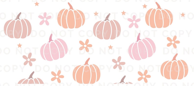 K&ouml;nnte beinhalten: Ein nahtloses Muster mit rosa und orangefarbenen K&uuml;rbissen mit wei&szlig;en Umrissen und kleinen wei&szlig;en Blumen auf wei&szlig;em Hintergrund.