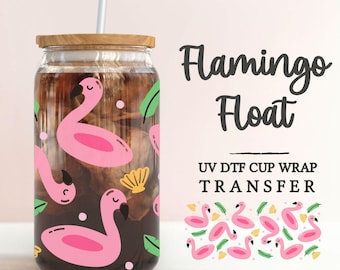 UV DTF 16oz Libbey Cup Wrap Sticker, Ready To Apply, Direct to Film, Wrap, Summer, Glass Can, Permanent, Summer, Cute, Pink Flamingo Float