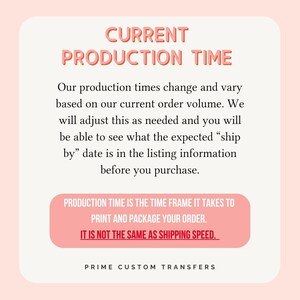 May include: A pink and white graphic with the text "CURRENT PRODUCTION TIME." The text explains that production times vary based on order volume and the "ship by" date is in the listing information. It also states that production time is not the same as shipping speed.