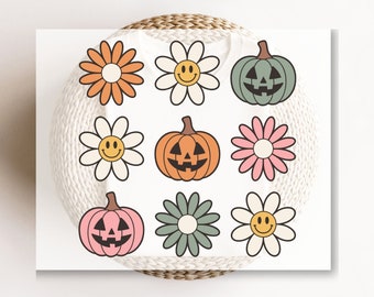 May include: Nine digital illustrations of pumpkins and daisies. The pumpkins are orange, green, and pink with jack-o-lantern faces. The daisies are white, pink, and orange with yellow centers.