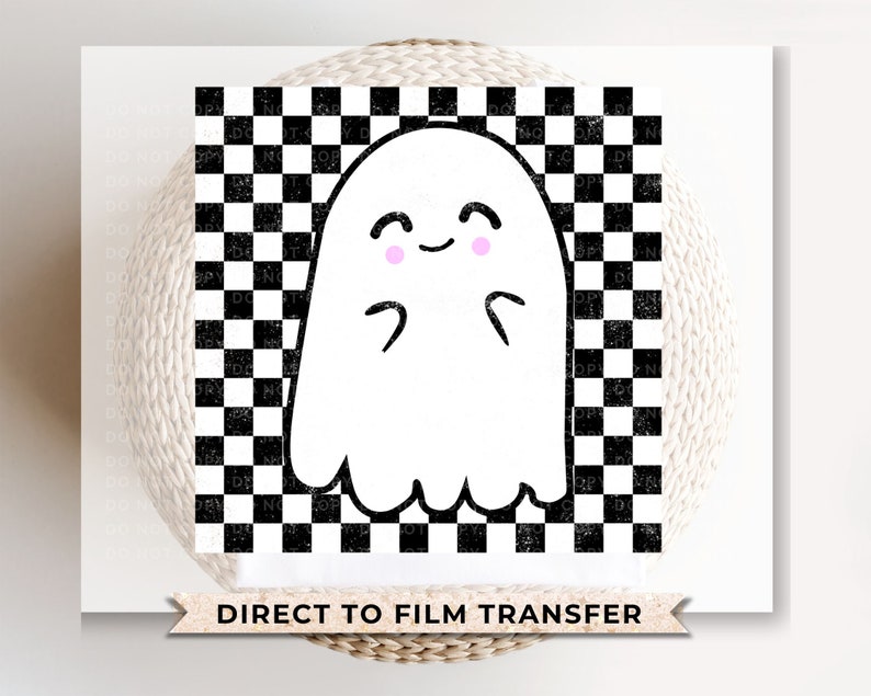 May include: A white ghost with a black checkered background. The ghost has a smiling face with pink cheeks and is holding its hands up in a gesture of greeting. The text "DIRECT TO FILM TRANSFER" is at the bottom of the image.
