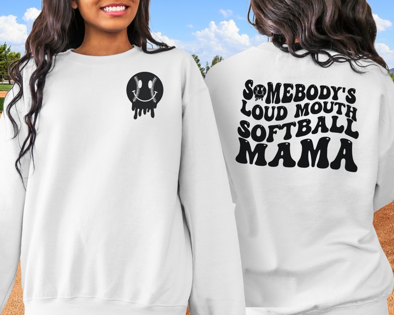 A direct to film transfer that says Somebody's Loud mouth Softball Mom. Back and front option. Front design is of baseball smiley face. The DTF transfer is a cold peel ready to press transfer.