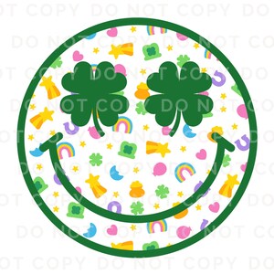 May include: A St. Patrick's Day-themed design featuring a smiley face with shamrock eyes and a green outline. The face is filled with colorful rainbows, stars, pots of gold, and clovers on a white background.
