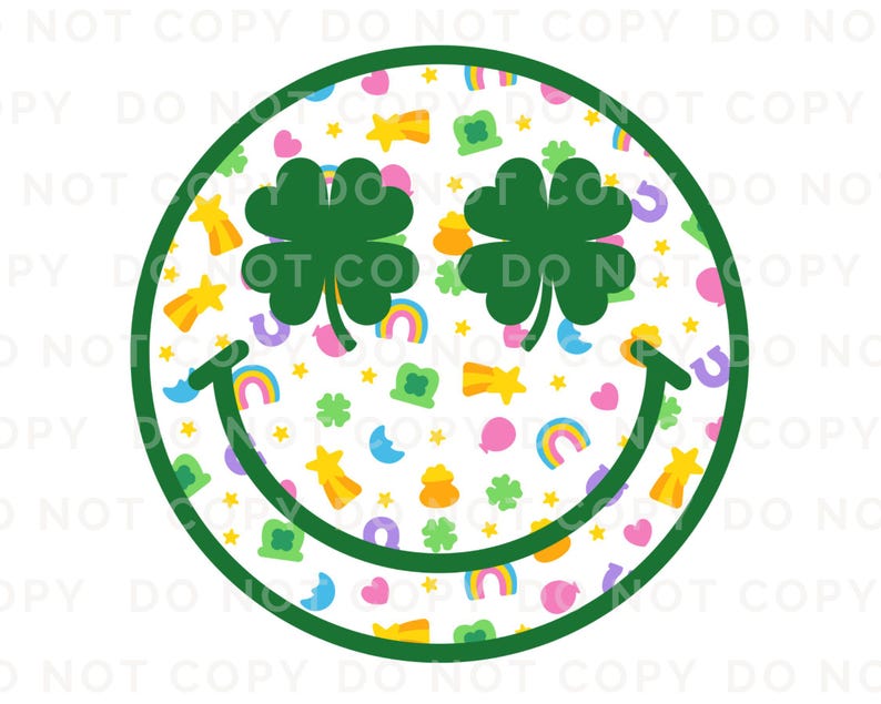 May include: A St. Patrick's Day-themed design featuring a smiley face with shamrock eyes and a green outline. The face is filled with colorful rainbows, stars, pots of gold, and clovers on a white background.