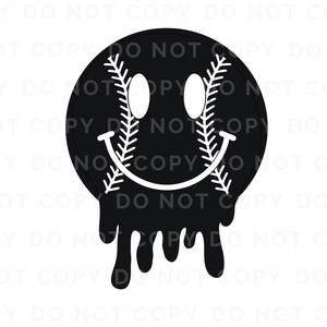 May include: A black and white smiley face with a baseball stitch design. The smiley face is dripping black paint.