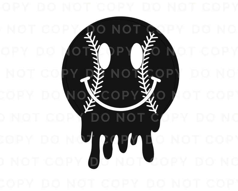 May include: A black and white smiley face with a baseball stitch design. The smiley face is dripping black paint.