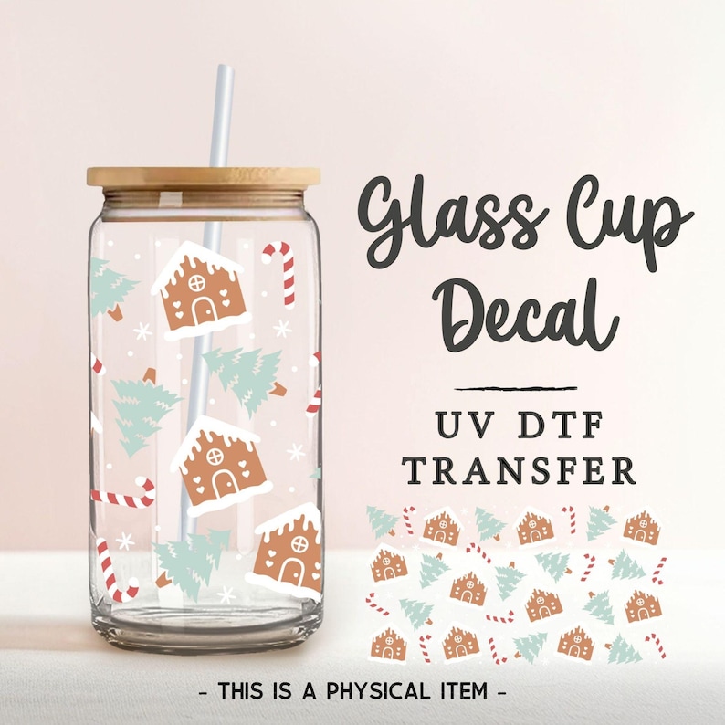 Christmas Winter Gingerbread House UV DTF Glass Can Wrap for 16 oz Libbey Beer Can, Sticker, Permanent Adhesive Decal, No Heat, Waterproof afbeelding 1