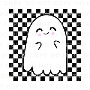 May include: A white ghost with a smiling face and pink cheeks on a black and white checkered background.