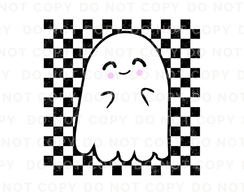 May include: A white ghost with a smiling face and pink cheeks on a black and white checkered background.