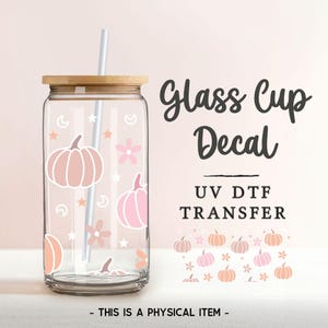 Pastel Pumpkins UV DTF Glass Can Wrap for 16 oz Libbey Beer Can, Sticker, Permanent Adhesive Decal, No Heat, Waterproof, Fall, Pink Bild 1