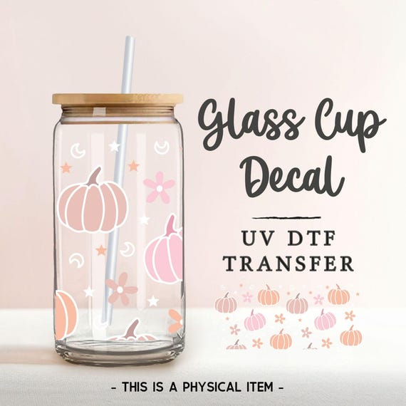 Pastel Pumpkins UV DTF Glass Can Wrap for 16 oz Libbey Beer Can, Sticker, Permanent Adhesive Decal, No Heat, Waterproof, Fall, Pink